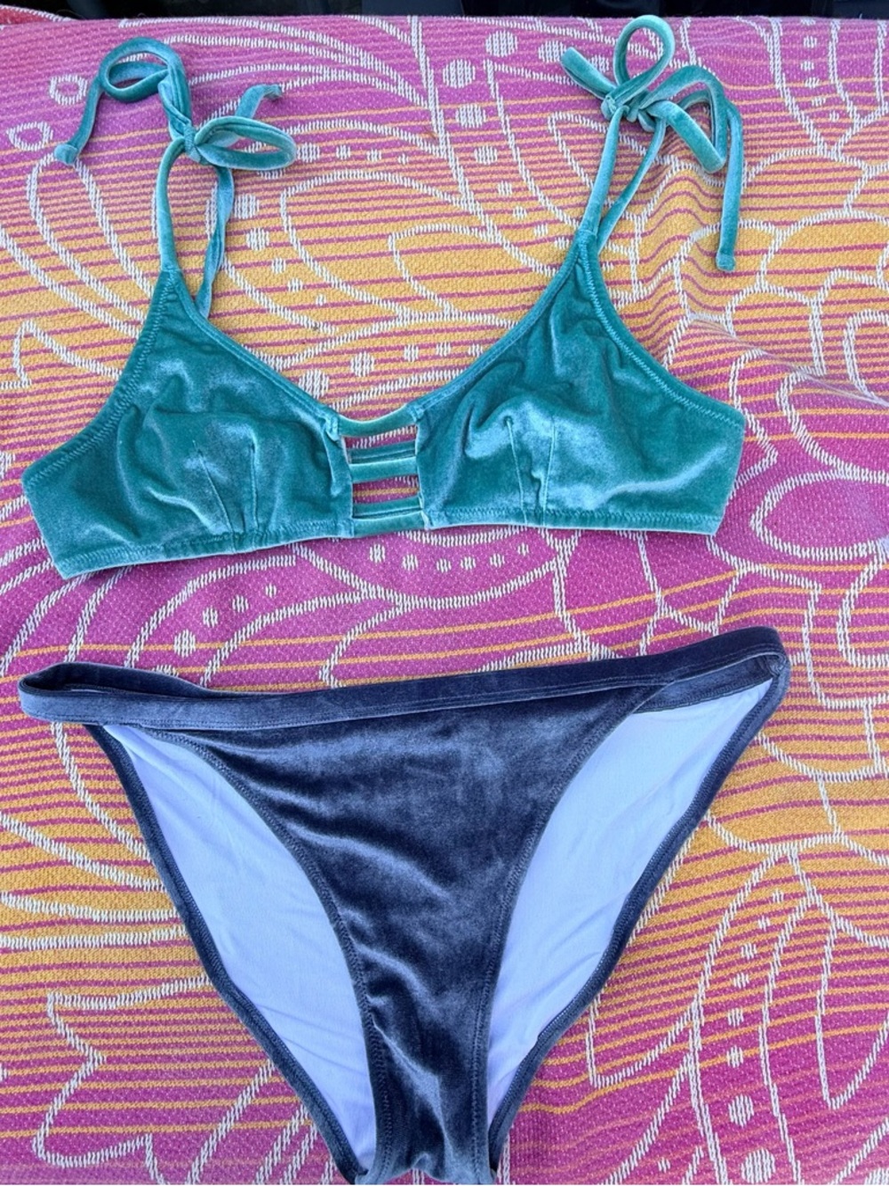 Urban Outfitters Velvet Bikini Set in Teal and Grey Blue